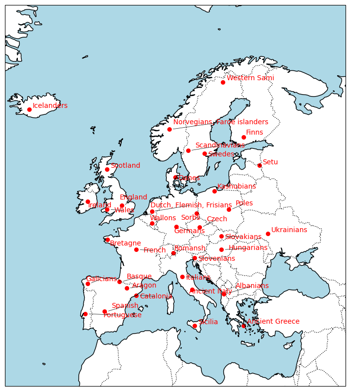 Map of folklore groups in Europe